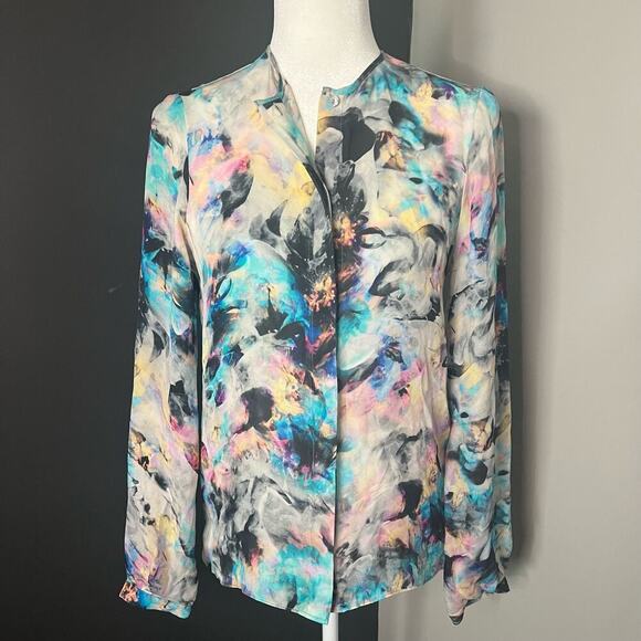 Parker Woman's Multi Color Floral Long Sleeve Button Down Silk Blouse - Size S - Picture 1 of 12